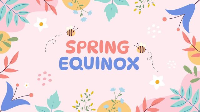 Spring Equinox. Animated video with cute bees and floral elements on a pink background.