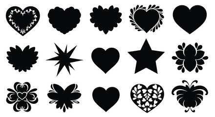 Collection of black silhouette hearts floral shapes and a star © MdBakerHossen