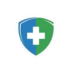 Fototapeta premium Medical Health Shield Logo with Green Cross, Isolated White Background