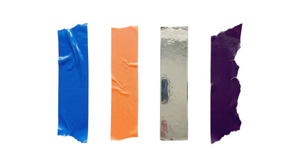 Set of glossy blue orange matte silver foil and purple tape strips on a transparent background