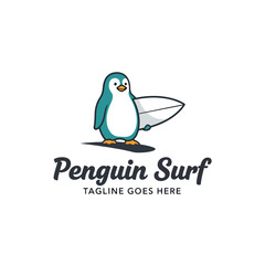 Friendly Penguin Character Ready to Surf with Board, Fun Summer Sport Illustration