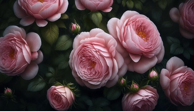 Pink Blooming Roses Close Up Bush Flowers Bouget As Dark Elegant Floral Botanical Mysterious Fantasy Dream Like Dreamy Vintage Background Backdrop Wallpaper