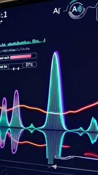 Digital interface displaying complex audio waveforms and data analytics, illustrating advanced sound processing, ai technology, and futuristic concepts in vibrant neon colors