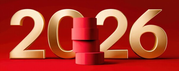 Obraz premium Elegant red and gold 2026 new year celebration design with festive podium and luxury theme