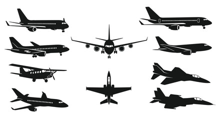 Variety of aircraft designs presented in a striking black silhouette