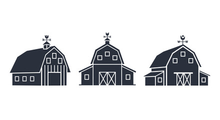 Three classic barns depicted in a striking black silhouette © Jesmin