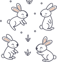 Obraz premium Set of cute hand-drawn Easter bunnies in different poses, kawaii rabbit character vector illustration for kids and spring decorations.