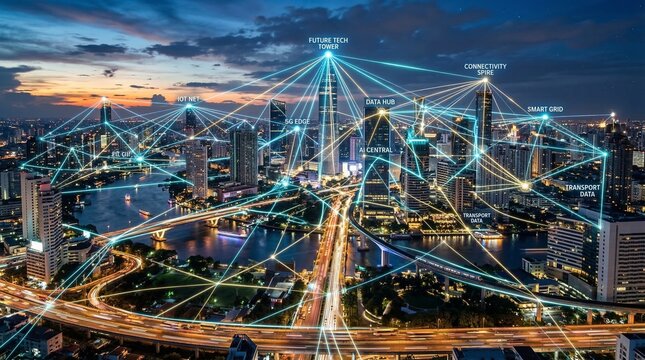 Cityscape at dusk with glowing network connections and traffic lights on roads and highways