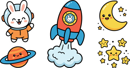 Fototapeta premium Cute astronaut bunny in orange suit waving with smiling cartoon rocket spaceship and happy crescent moon with playful stars in space theme