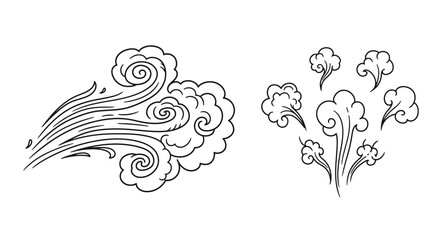 Stylized wind and cloud formations depicted in a black silhouette