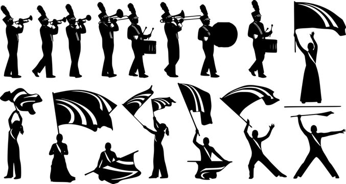 Marching band svg, Color guard svg, Color guard silhouette, Marching band silhouette, Color guard flags svg, Color guard vector set
