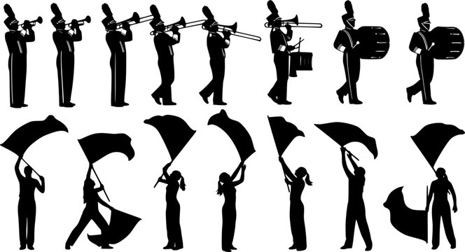 Marching band svg, Color guard svg, Color guard silhouette, Marching band silhouette, Color guard flags svg, Color guard vector set
