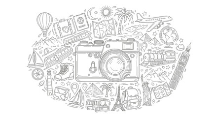 Obraz premium Camera with travel and leisure icons.