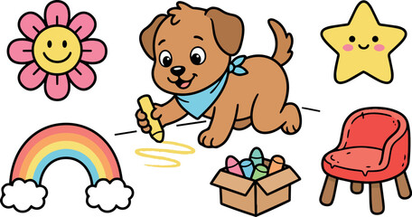 Fototapeta premium Cute cartoon puppy drawing with yellow chalk surrounded by colorful rainbow box flower star and red chair playful vector art