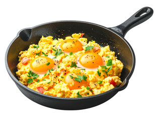 A cast-iron skillet filled with scrambled eggs, topped with sunny-side-up eggs, herbs, and spices