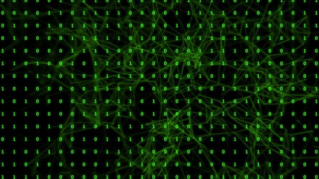 Futuristic Digital Background With Glowing Green Binary Code Digits Zero And One Arranged In A Structured Grid Over A Complex Plexus Network Of Interconnected Lines And Nodes On A Dark Black Backdrop.