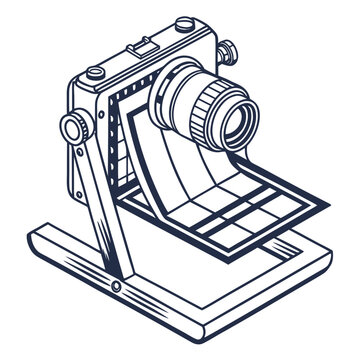 Isometric vintage photo camera with film strip on display. retro photography equipment, old fashioned art device