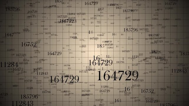 Abstract Vintage Sepia Background Featuring A Complex Grid Overlay With Floating Numeric Sequences And Mathematical Data Points, Moody Central Lighting With Dark Vignette On Aged Textured Paper.