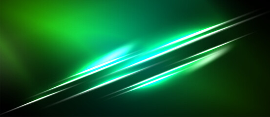 Naklejka premium Abstract green background features bright diagonal lines, creating dynamic light effects. Smooth gradients suggest energy, motion.