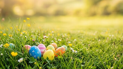 Fototapeta premium Colorful Easter eggs hidden in lush green grass with wildflowers in a sunny spring meadow, representing tradition, celebration, and the joy of renewal.