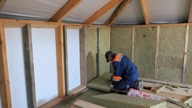 Insulation of a frame house with mineral wool. Cutting, fitting, laying insulation. Construction works.