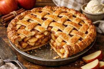 A delicious homemade apple pie with a lattice crust on a wooden table with fresh apples and cinnamon