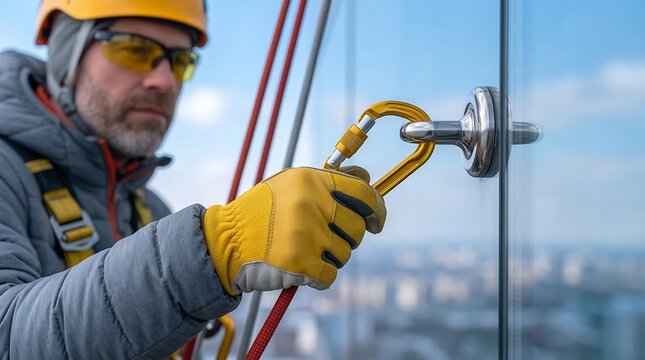 Rope access technician in yellow gloves secures carabiner to building facade anchor point