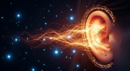 Fototapeta premium Human ear rendered with illuminated waves, capturing the concept of sound and perception