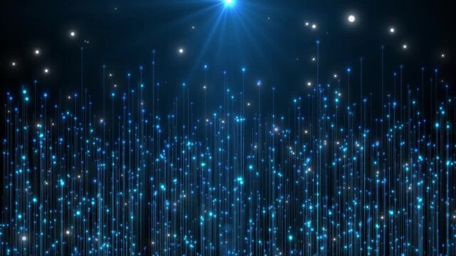Abstract Blue Digital Background With Vertical Glowing Lines And Terminal Dots Rising Against A Dark Backdrop. A Bright Lens Flare At The Top Illuminates The Scene, Representing High-tech Connectivity