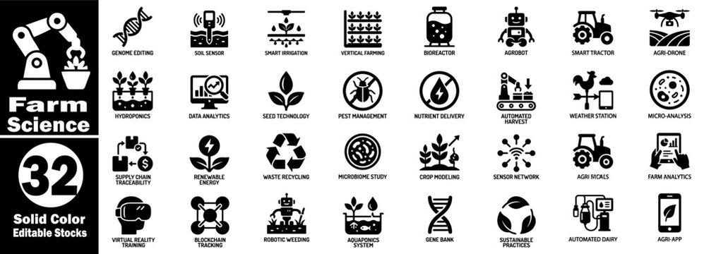 Farm science solid color editable stock vector icons set for modern agriculture vector illustrator.