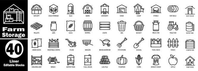 Farm storage icons set. Featuring a barn silo shed and agricultural equipment vector illustrator. © Hafiz
