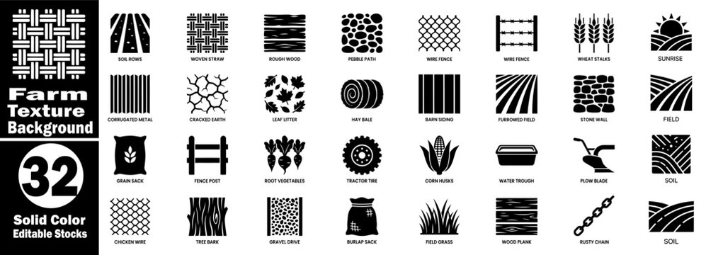 Farm texture background linear icons set. Agricultural texture set with soil rows, woven straw, and wood planks vector illustrator.