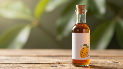 A dark amber liquid in a glass bottle sits on a wooden surface. Natural light creates a shallow depth of field, highlighting the bottle and blurring the background.
