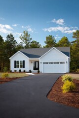 Naklejka premium White suburban house with long black driveway garage lawn trees blue sky modern cottage exterior curb appeal