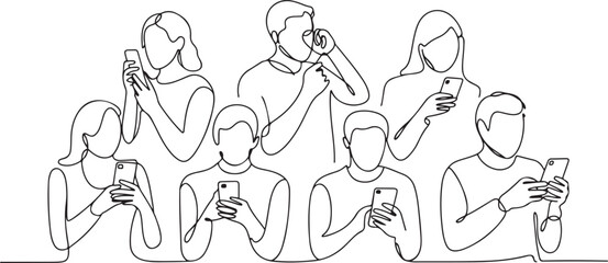 Continuous one line drawing People holding, using mobile phones. Single line draw design vector graphic illustration. one line Icon drawing