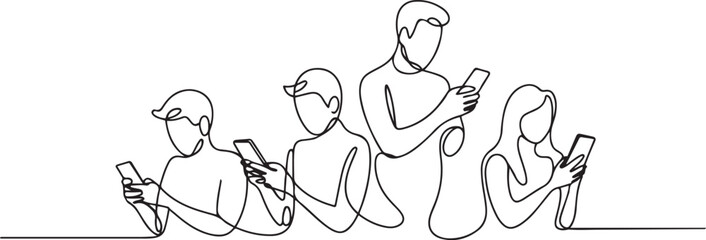 Continuous one line drawing People holding, using mobile phones. Single line draw design vector graphic illustration. one line Icon drawing