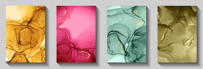 Trendy wedding invitation card backdrops vector collection. Marble stone waves texture, foil spatter. Rich birthday greeting card patters, covers set. Vector party banners. © SunwArt