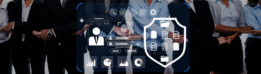 Group of Professionals Collaborating in Front of Data Security Interface with User Login and...