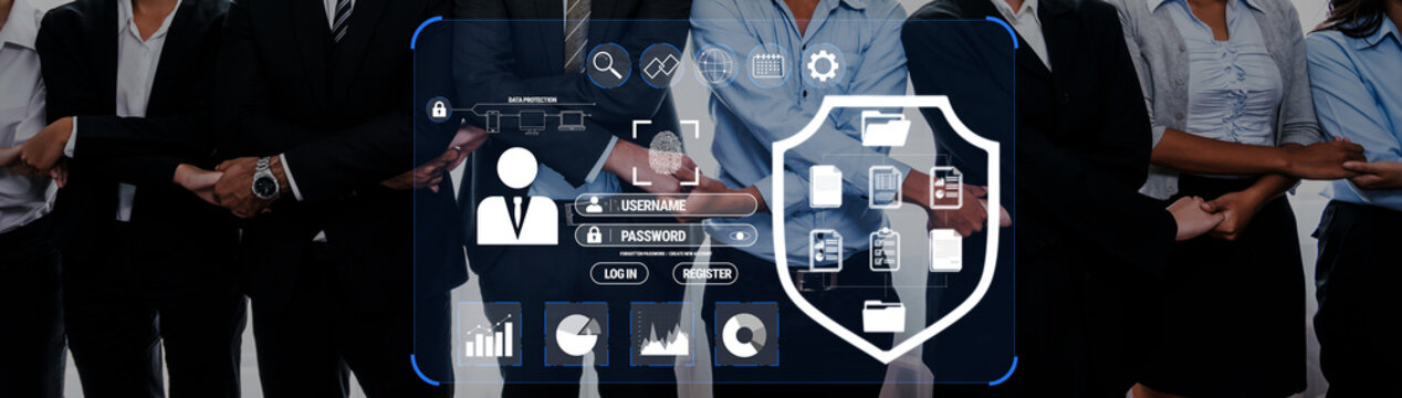 Group of Professionals Collaborating in Front of Data Security Interface with User Login and Password Protection Graphics Quark.