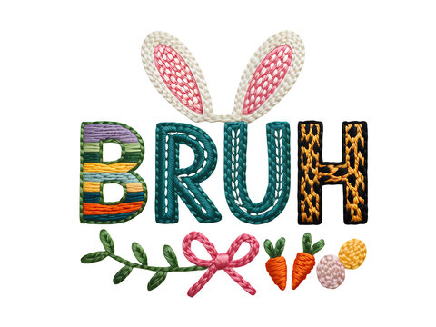 Embroidered BRUH text with bunny ears and Easter t shirt elements, cartoon style, png isolated on transparent background