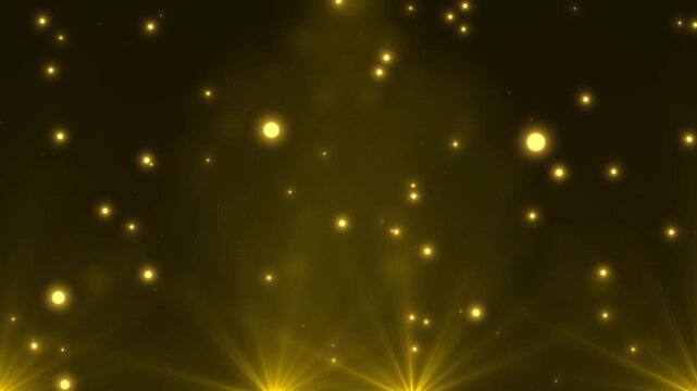 Abstract Golden Glowing Particles And Shimmering Bokeh Lights Floating On A Dark, Elegant Background With Soft Light Rays Emanating From Below, Creating A Magical, Festive, And Luxurious Atmosphere.
