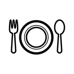 Minimalist Black and White Icon of Plate, Fork, and Spoon - Meal Setting