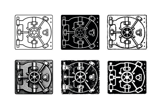 Vault Door Variations. Heavy steel safe vault door with circular locking mechanism used to secure valuables cash and confidential
