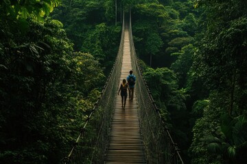 Fototapeta premium Couple Crossing Jungle Canopy Bridge 