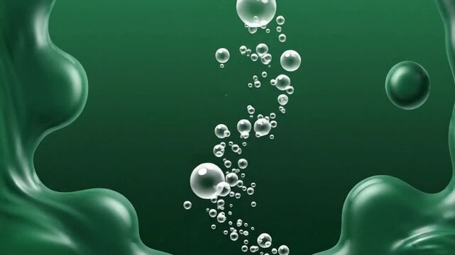 Emerald green liquid background with rising air bubbles, abstract fluid waves and water droplets, organic cosmetic serum texture