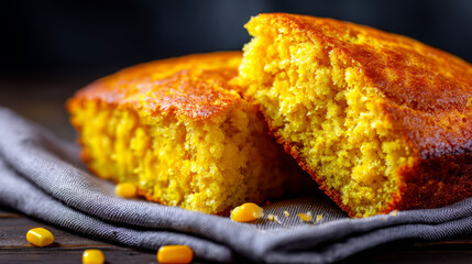 Cornbread loaf cut in half on gray cloth with scattered corn kernels  