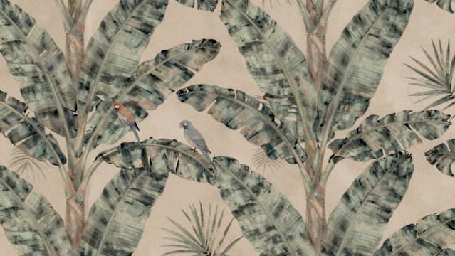 Seamless pattern featuring large banana-shaped leaves various shades green brown arranged repeating light beig
