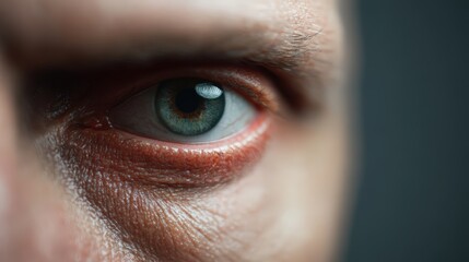 Close-up of a blue human eye showing detailed iris texture and skin wrinkles on the surrounding area with soft lighting.