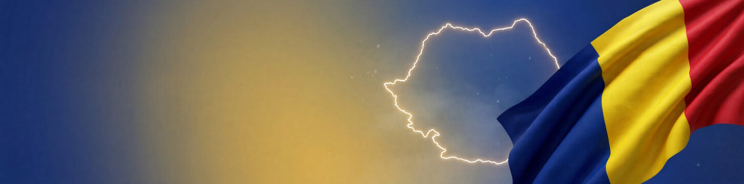 Horizontal banner with the waving tricolor flag and glowing map outline of Romania on a blue and yellow background