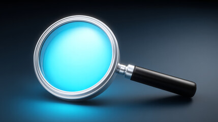 Magnifying glass reflecting blue light on dark background  